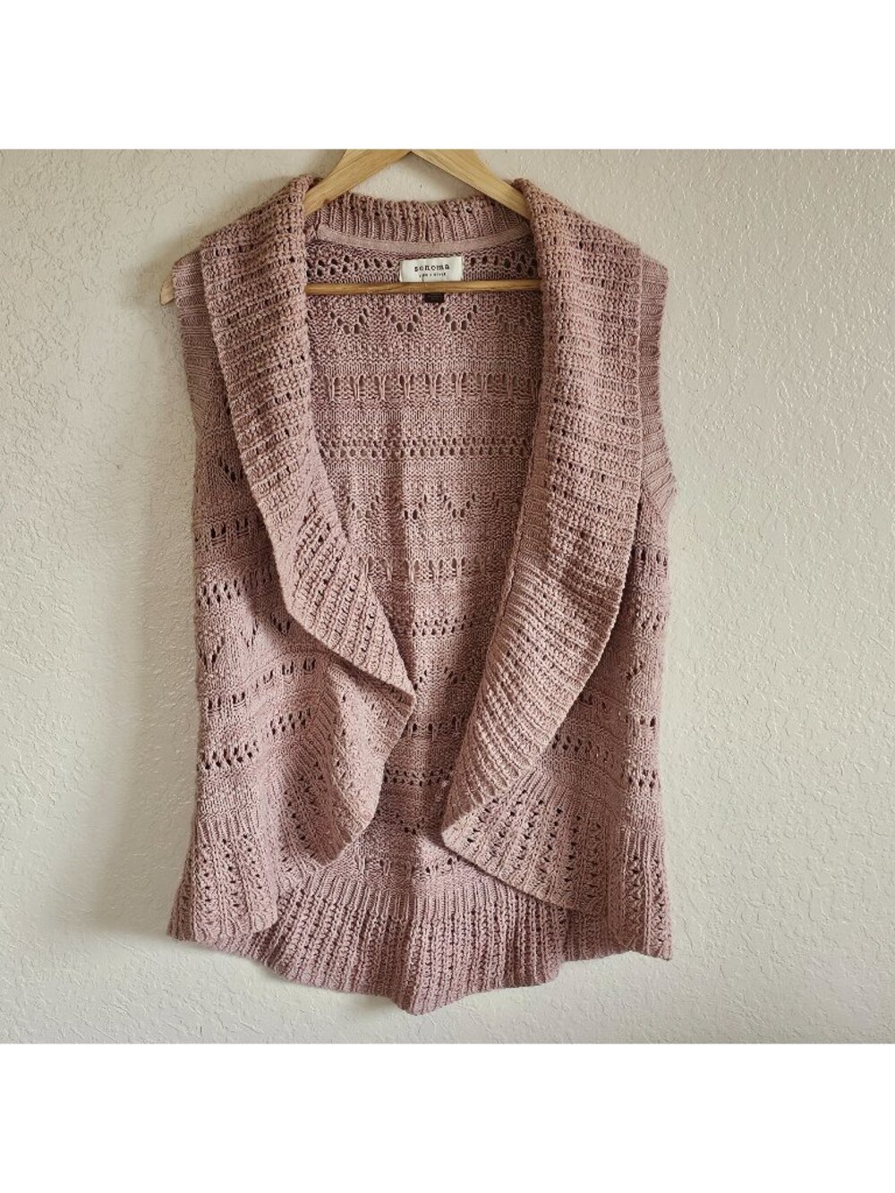Sonoma Sweater Vest Cardigan Womens Large Mauve Open Knit Crochet Draped Front